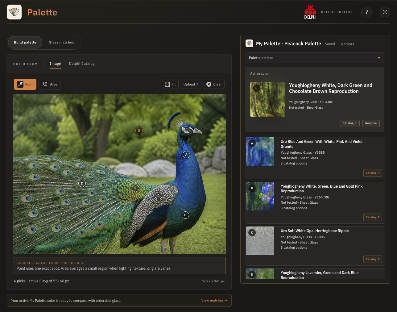 Palette sampling a peacock photograph into a saved six-color Palette with exact Delphi glass matches