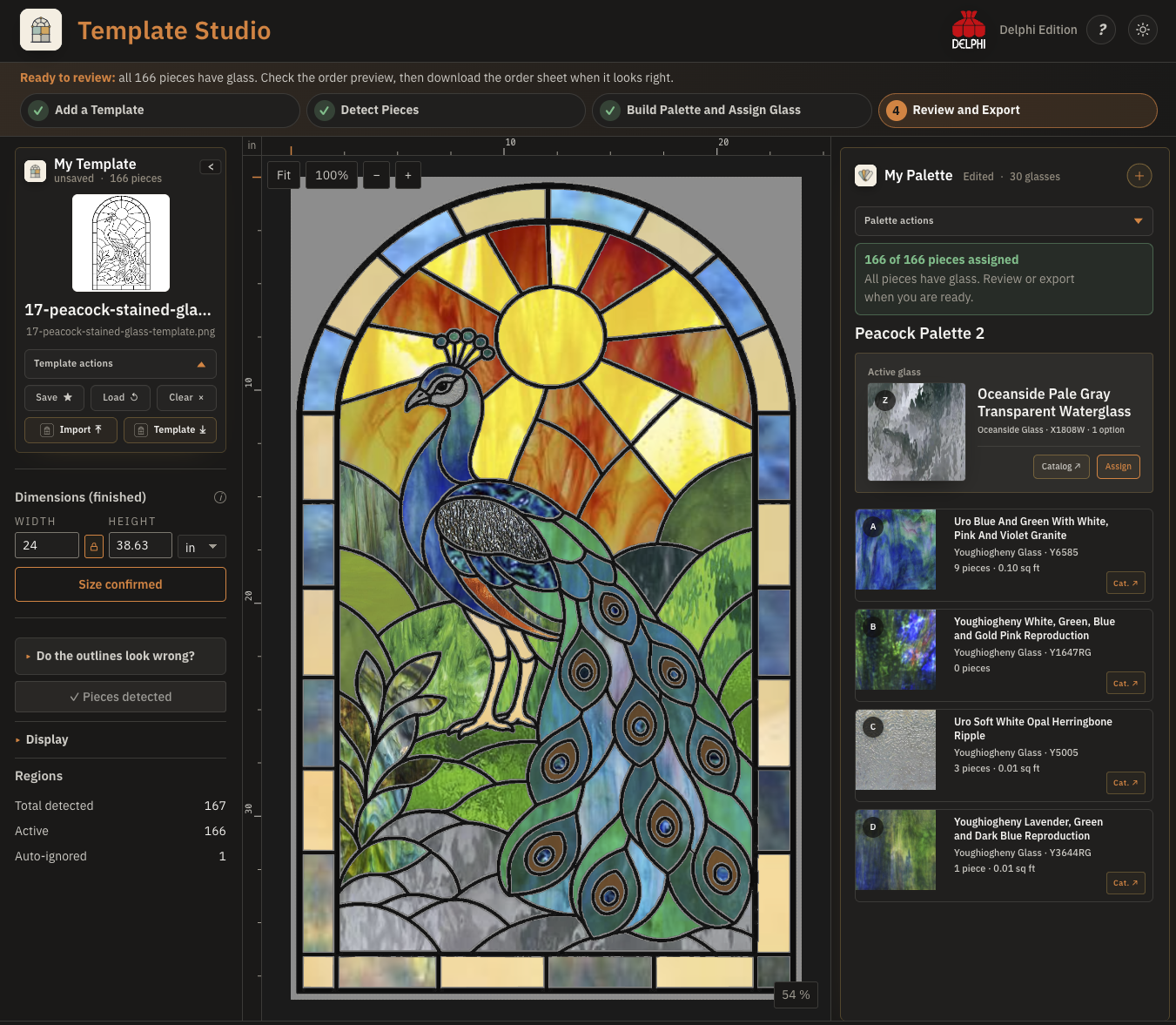 Template Studio showing a completed peacock Template with all 166 pieces assigned and ready to review