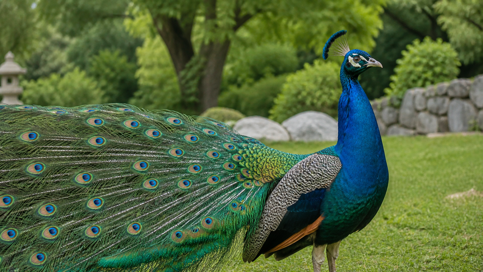 A peacock photograph used as visual inspiration for choosing Delphi glass colors