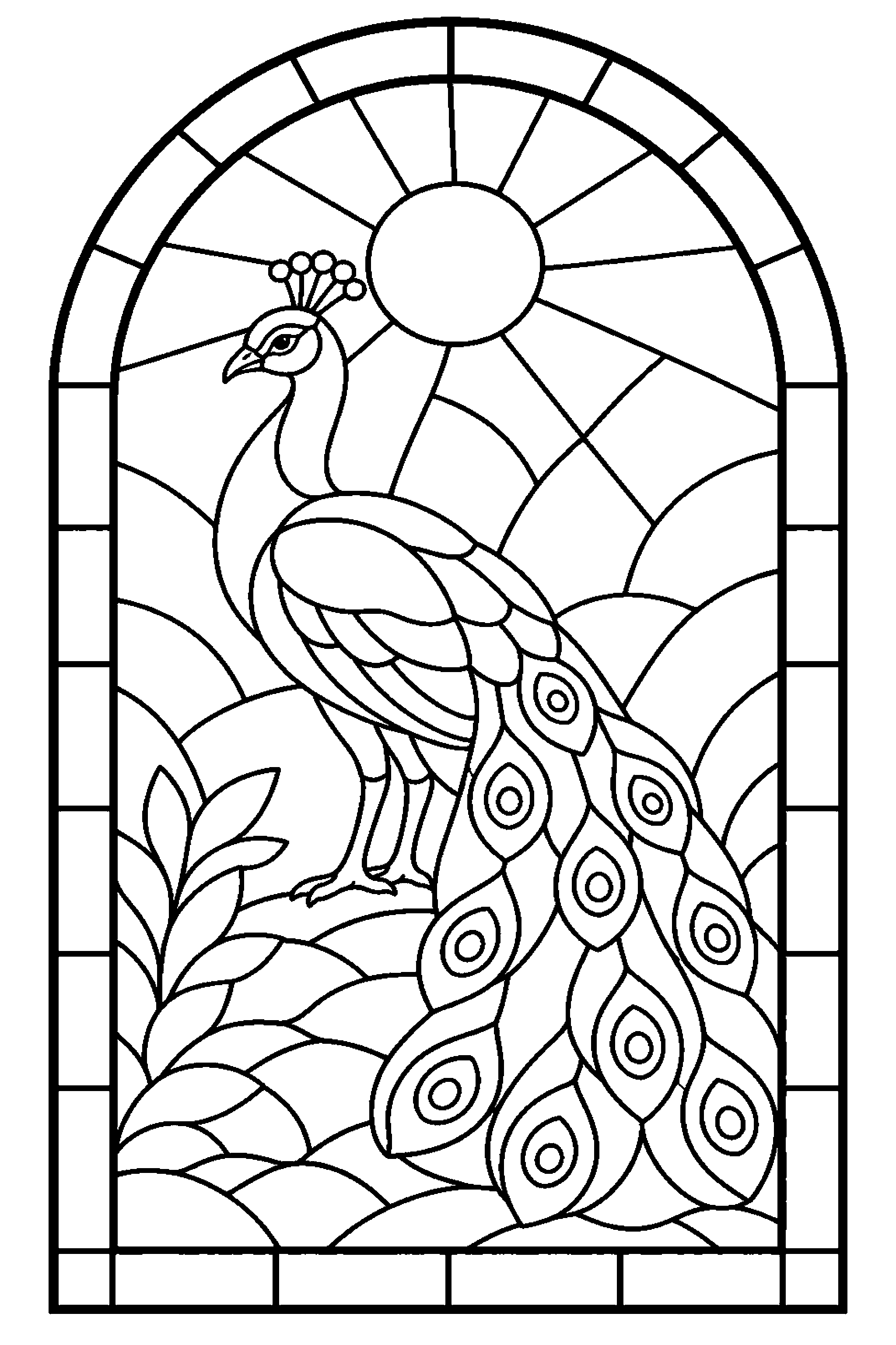 Black-and-white arched peacock stained-glass Template ready for piece detection and glass planning