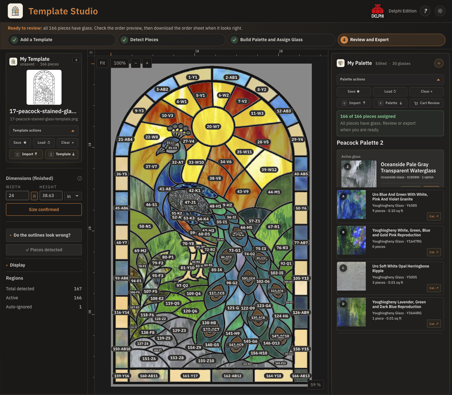 Template Studio showing a completed 166-piece peacock Template with exact Delphi sheet-glass assignments