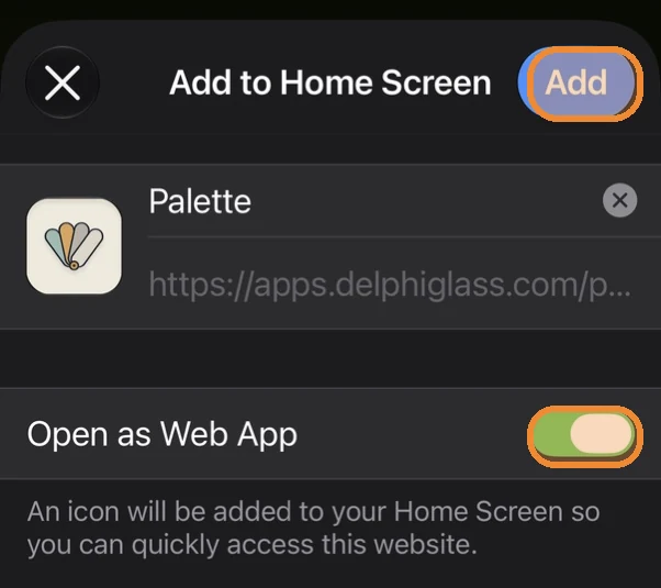 Add to Home Screen screen with Open as Web App turned on and Add highlighted